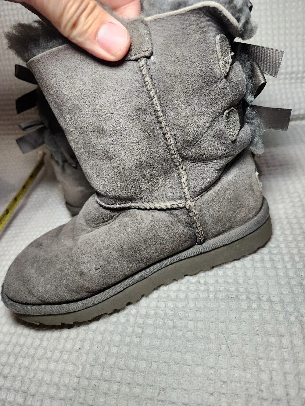 UGG Gray Bow Back Shearling Boots Flawed